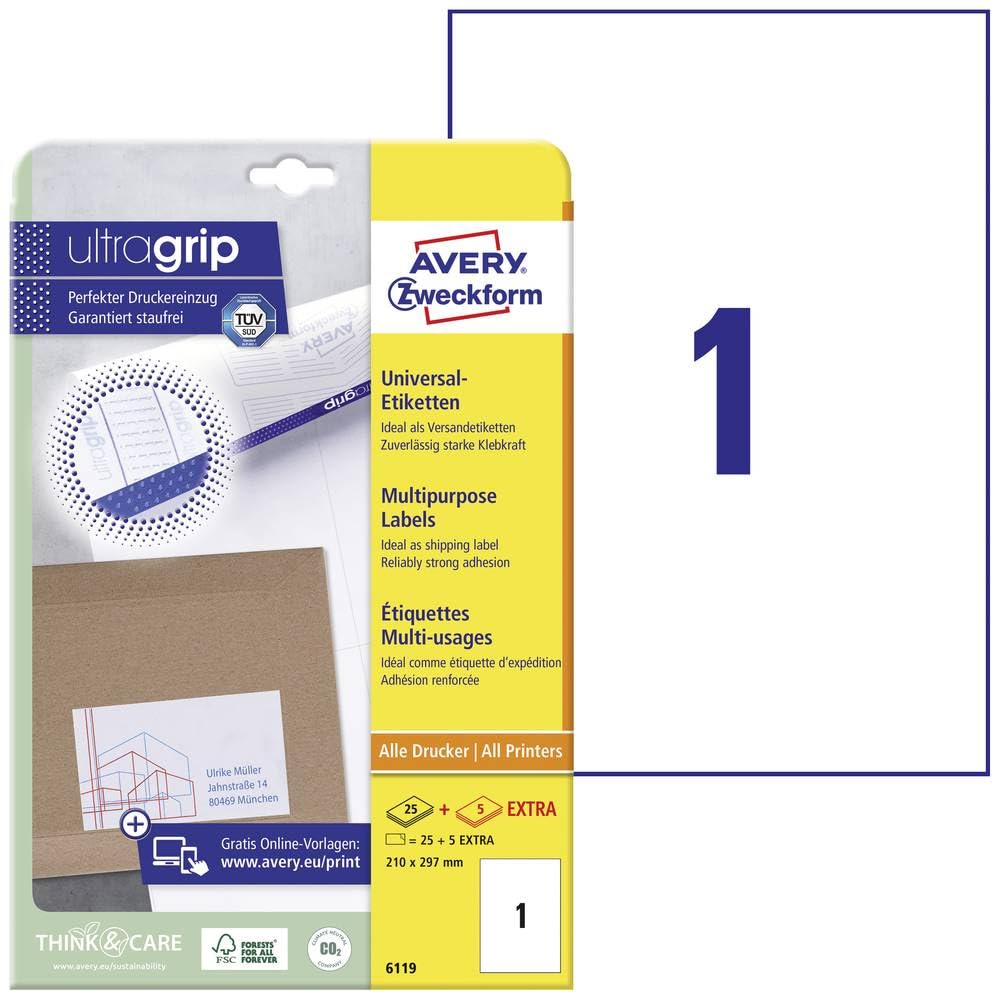 Avery Zweckform 6119 Universal Labels 210 x 297 mm 25 Sheets White