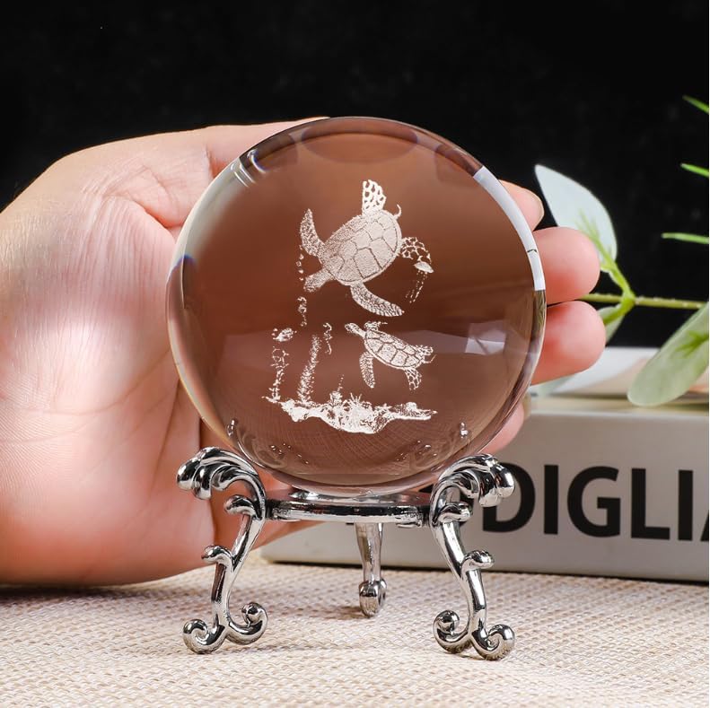 vskikris 60 mm Crystal Ball 3D Laser Mother Son Turtles Figurines - Glass Paperweight & Decorative Ball with Stand – Glass Ball Ornaments for Home & Office Decor, Gifts for Women Girls Wife Daughter