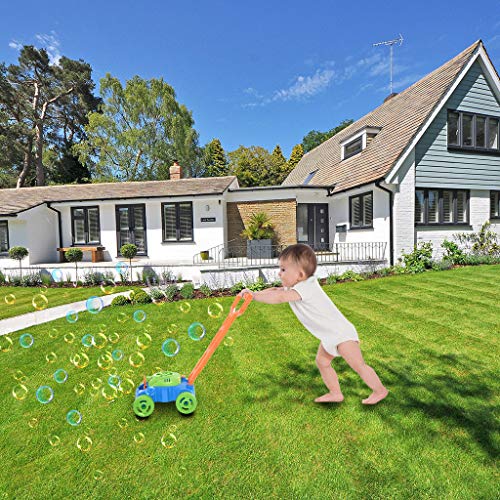 Binory US Fast Shipment Electronic Lawn Mower Bubble Machine Trolley Kids Outdoor Game Toys, Durable Bubble Blower Maker Encourages Pretend Play for Children Ages 3+ Indoor Outside Fun Sports(Blue)