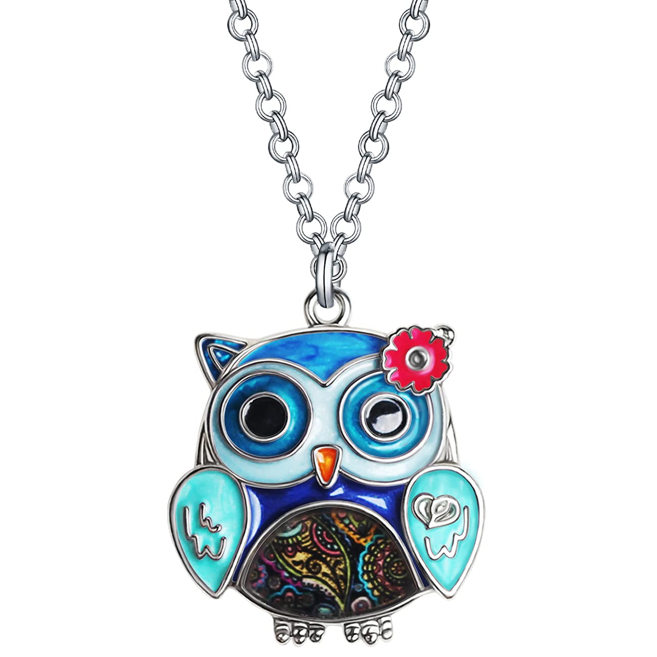 Enamel Alloy Anime Flower Owl Necklace Bird Pendant Fashion Jewelry For Women Girls Charm Gift (Blue)
