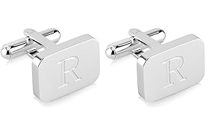 18K White-Gold Plated Initial Engraved Stainless Steel Men’s Cufflinks With Gift Box -Personalized Alphabet Letter’s A-Z By Lux & Pair