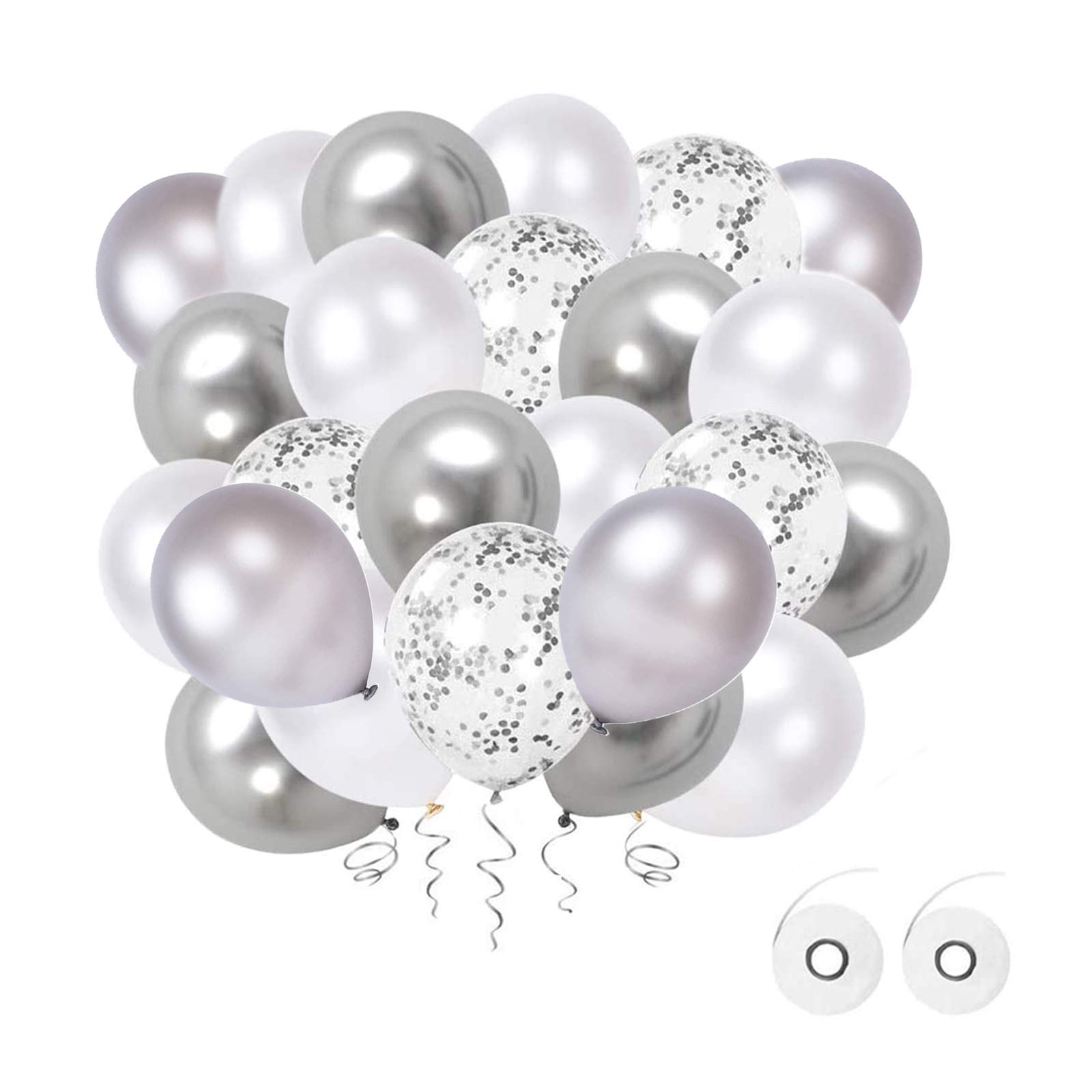 Flow Month 60-Piece Balloon Set - 12" Silver-White Latex Balloons with Metallic & Confetti Styles - Helium Ready for Wedding & Birthday Parties