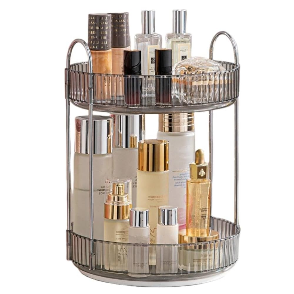 Makeup Organiser for Vanity, 360° Rotating Bathroom Organiser Countertop, High-Capacity Skincare Organiser, Spinning Cosmetics Organiser for Vanity Dresser Bathroom (2 Tiers, Grey)