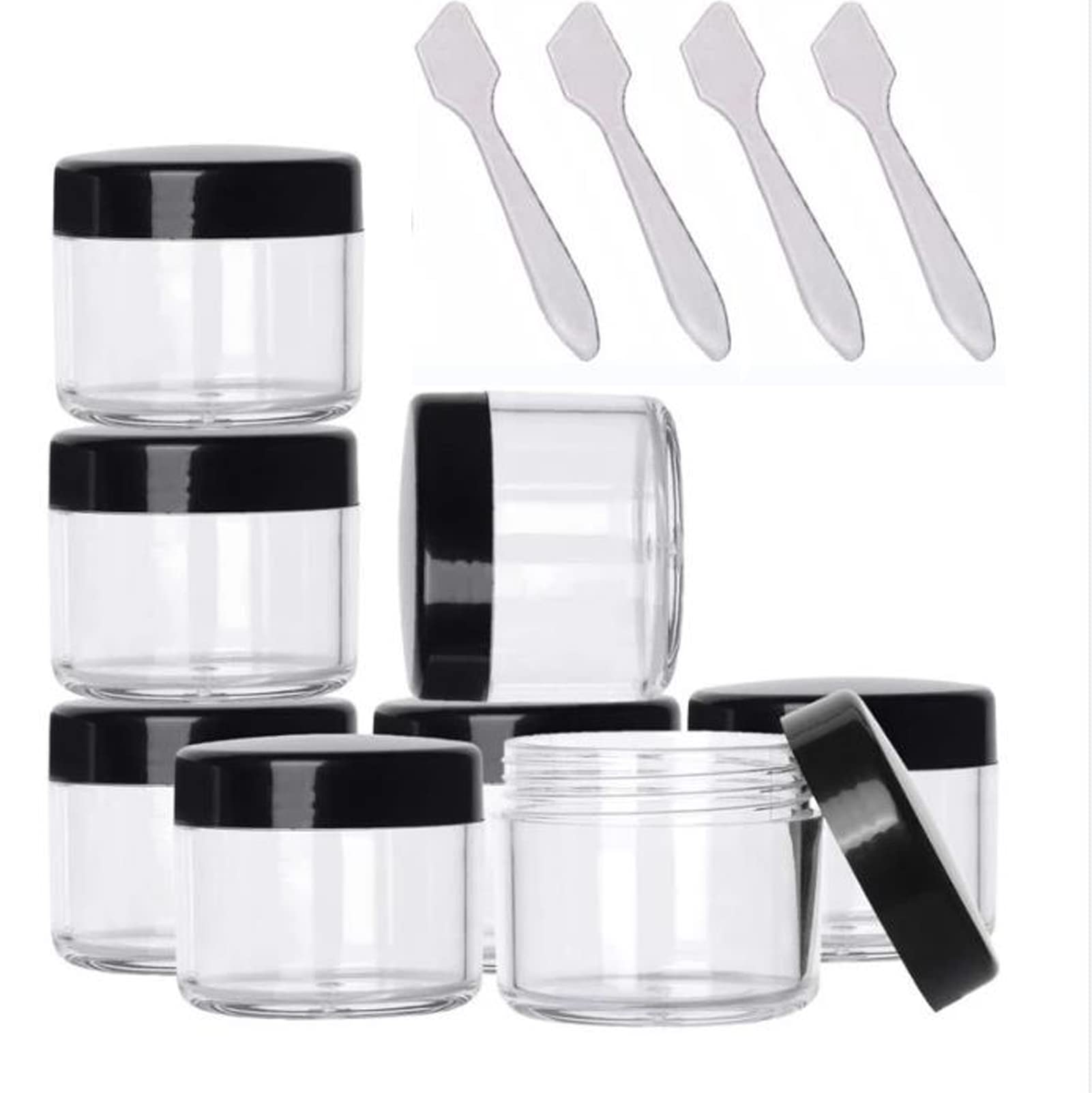 20pcs 20ml Empty Sample Pots Makeup Pots with Lids Travel Cosmetic Jar Plastic Sample Containers with Black Screw Lids and 4pcs Spatulas