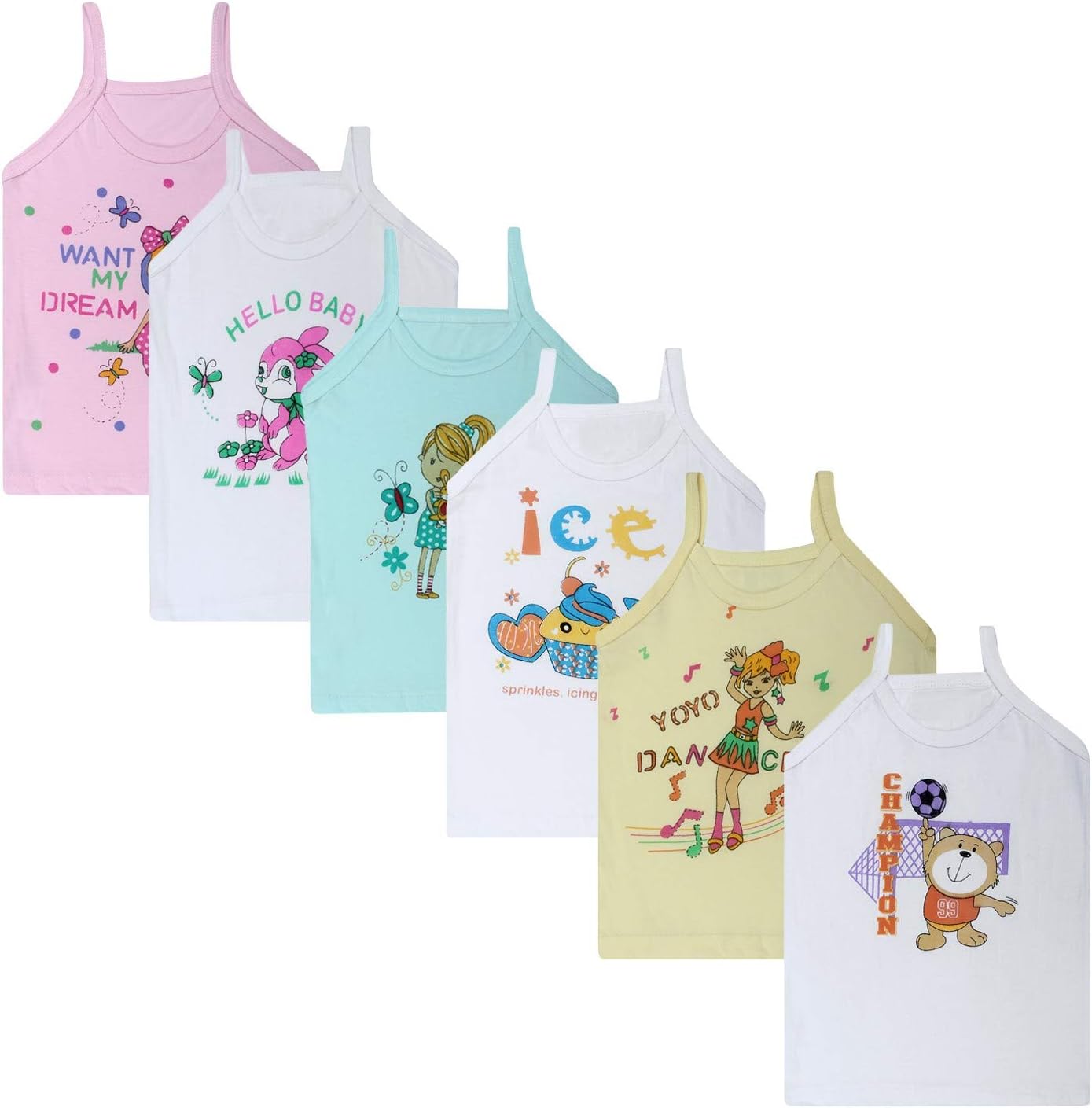 Superminis Baby Girls Sleevless Printed Cotton Regular Fit Camisole Slips/Vests/Baniyan/Inner Wear, Pack of 6
