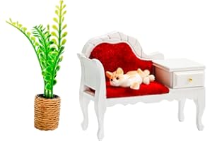AYDINIDS 1/12 Mini House Sofa with Miniature Cat and Plant Modern Mini Couch Miniature Furniture Sofa with Chest of Drawers for Mini Living Room Accessories