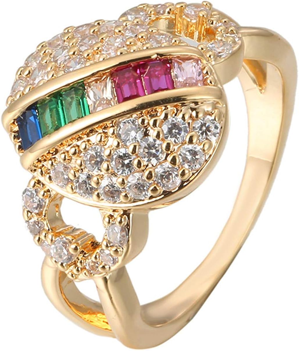 Qiuaii Women's Gold Plated Hollow Set Rainbow Diamond Ring Fashion