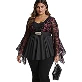 ROSE GAL Womens Plus Size Lace Applique Trim Ruched Buckle Flocking Floral Long Flare Sleeve 2 in 1 Flowy Top