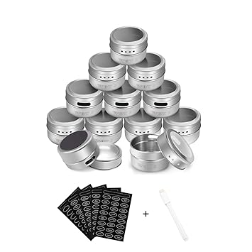 WOT I - 12 Stück Gewürzdosen Magnetisch Edelstahl Gewürze Spice Jars, 96 Gewürzetiketten & 24 Blankoetiketten + 1er Kreide, R