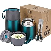 MAXSO 2 Pack Soup Thermo for Hot & Cold Food for Kids Adults, Vacuum Insulated Food Jar Thermal Lunch Containers, Travel Food Flask with Spoon (24 oz,17 oz) (Matte Green)