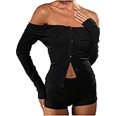 Floerns Women's Going Out Off The Shoulder T Shirts Long Sleeve Knit Button Front Fall Tops