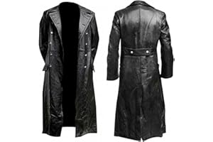 TUDUOMS Mens Vintage Classic WW2 Officer Military Uniform Black Leather Trench Coat Jacket Long Trench Coat Motorcycle Jakcet