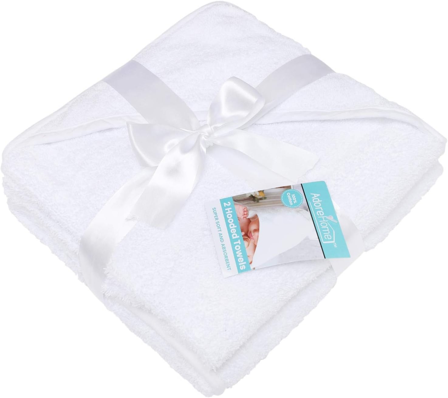 2 x Hooded Baby Towel Soft 100% Cotton Bath Wrap Pack of Two Towels, White