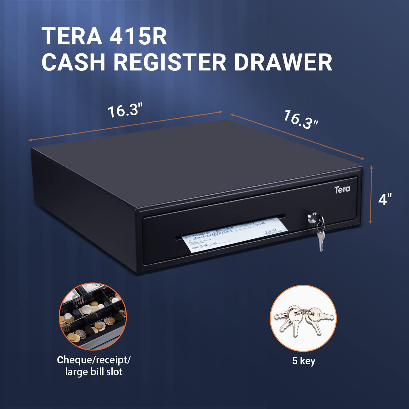 Tera Auto Open Cash Drawer with Micro Switch Fully Removable Tray 16.3” Heavy Duty 5 Bill 8 Coin Cash Register for POS System Media Slot 24V RJ12 Key-Lock for Small Business Retail Store Model 415R