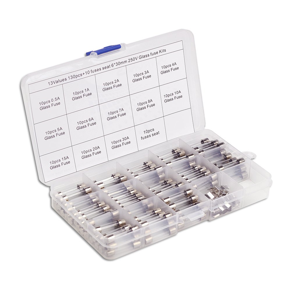 UCTRONICS 13 Values 130pcs Fast-blow Glass Fuses Assorted Kit 6x30mm 250V 0.5 1 2 3 4 5 6 7 8 10 15 20 30A Tube Fuses with Plastic Box and 10 fuses seat