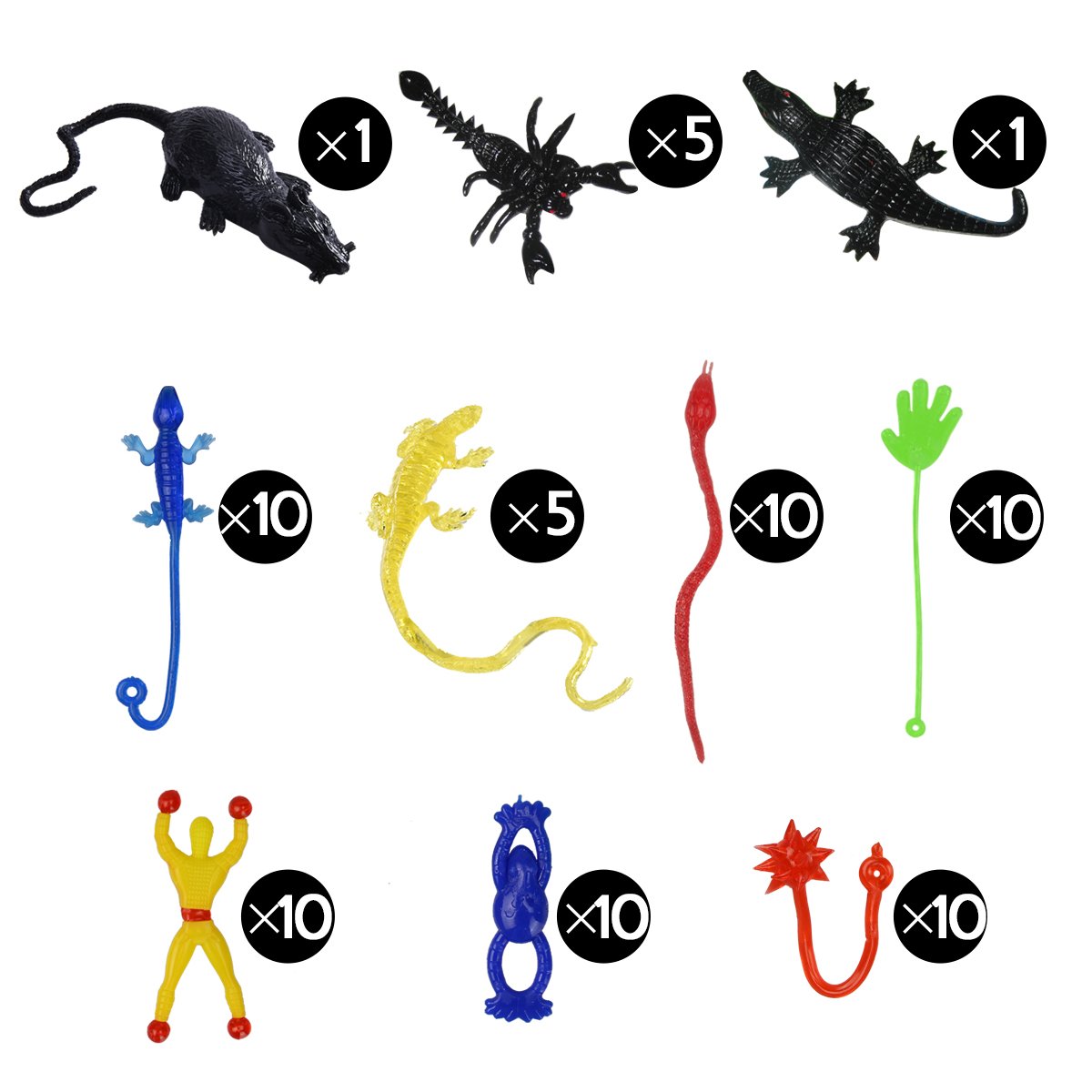 72 x sticky jouet gluante mélange de jouets collantes petit cadeau l\'anniversaire d\'enfant strechy, élastique, amusant couleurs vives - Mains, Escalade murale Homme, Marteaux, Serpents, Grenouilles volantes, Lizards, Scorpions, souris noi