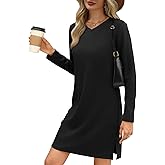 Simlakey Womens Long Sleeve Dress Casual V Neck T-Shirt Dress Side Slit Loose Fit Fall Fashion Travel Airport Outfits