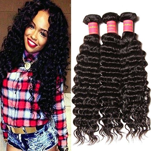 Longqi Hair Brazilian Weave Deep Wave Virgin Hair 4x4 Lace Closure with 3 Bundles Unprocessed Human Hair Extensions Natural Color 95-100g/pc（12 14 16+10）