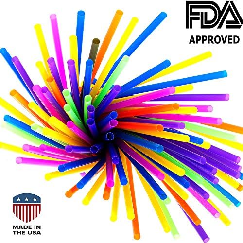 Jumbo Drinking Plastic Cocktail Straws: USA Made, BPA Free | Durable Plastic Straws | (Assorted Neon, 8" x 0.24") | 250ct