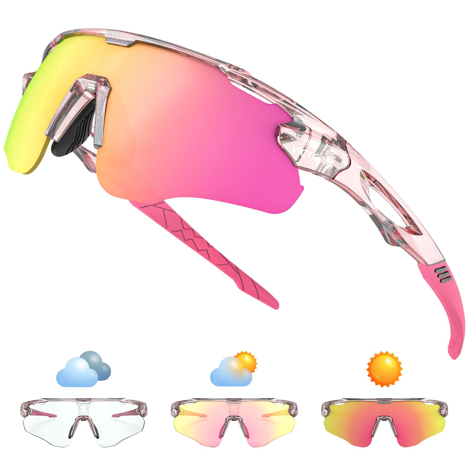 Victgoal Running Glasses Photochromic Sunglasses for Men Women with TR90 Frame UV Protection Sports Cycling Glasses (PinkTR)