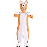 Corgi Costume for Kids, Plush Orange and White Cute Dog Jumpsuit with Hood and Mittens