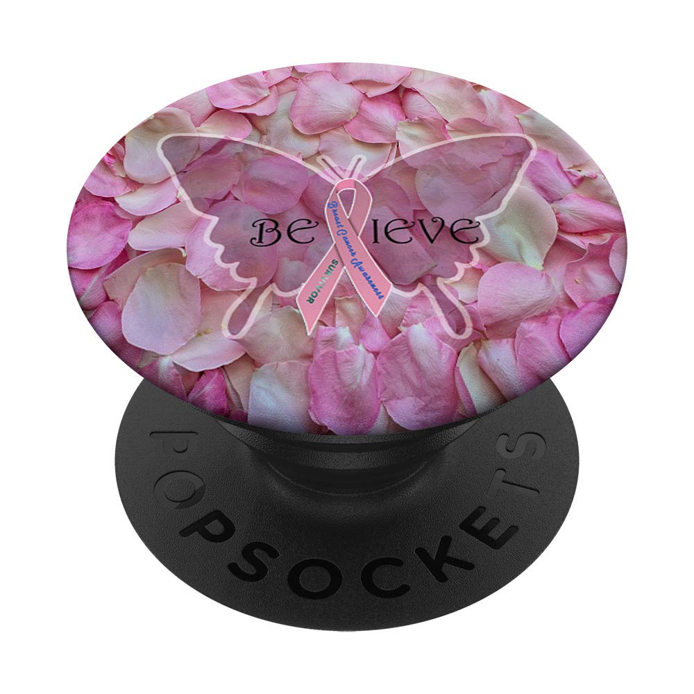 Believe Pink Butterflies Design Breast Cancer Awareness PopSockets Swappable PopGrip