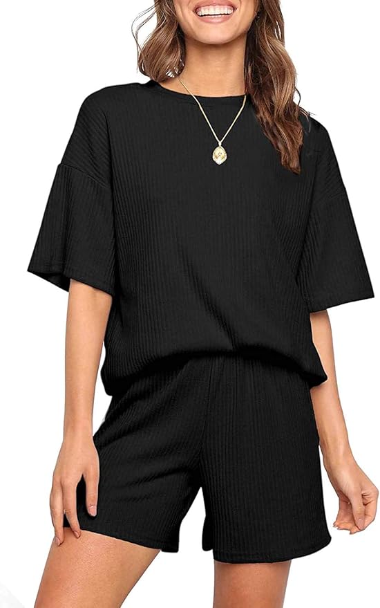 Linsery Women Ribbed Knit Short Sleeve Top and Shorts Lounge Sets