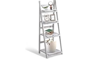 Babion 4-Tier Ladder Shelf Industrial Bookshelves Ladder Bookcase Wooden Shelf with Stable Frame Plant Stand Multipurpose Organizer Storage Rack Shelf for Living Room Office Home White