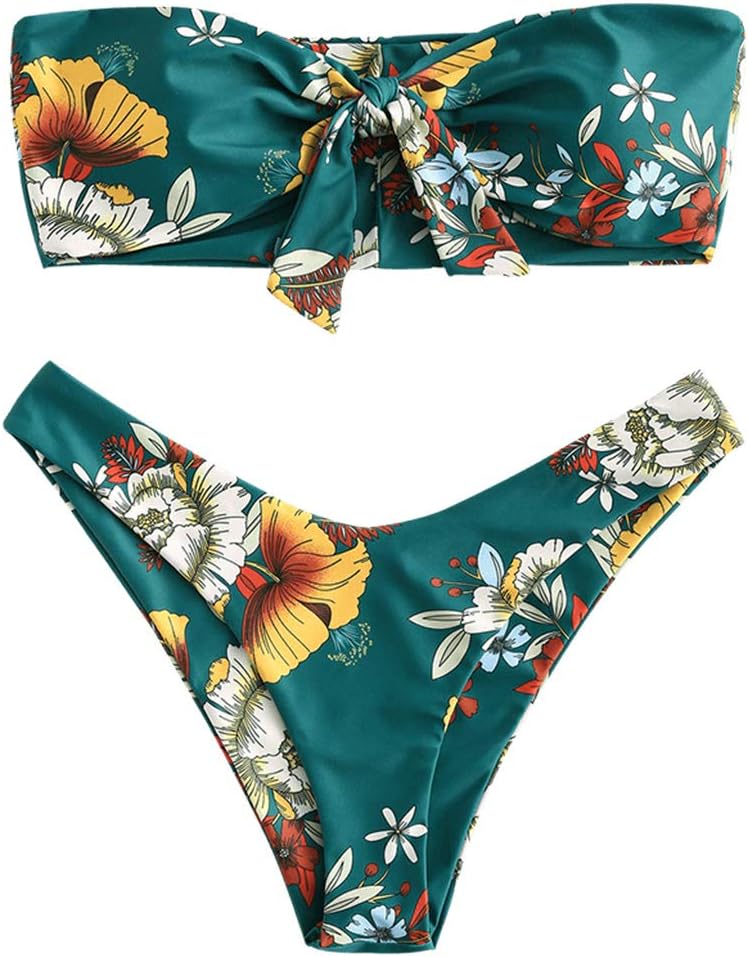 ZAFUL Women's Tie Knot Front Floral Print High Cut Two Piece Strapless Bandeau Bikini Set