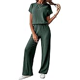 Happy Sailed Womens Summer Casual Round Neck Short Sleeve Elastic High Waist Wide Leg Long Pants Stretchy Jumpsuits Rompers Green X-Large