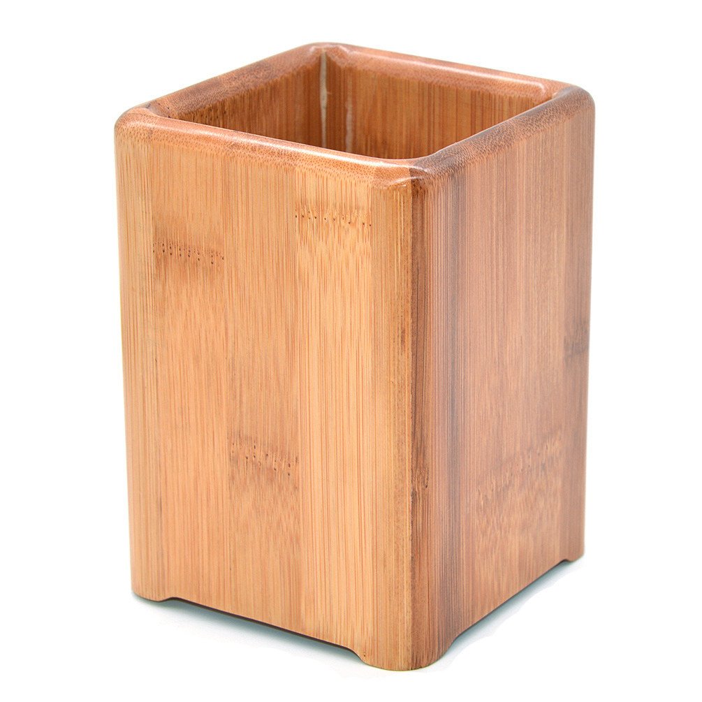 Medifier Bamboo Square Pen Pencil Cup Holder Organizer And Stand,Original Color