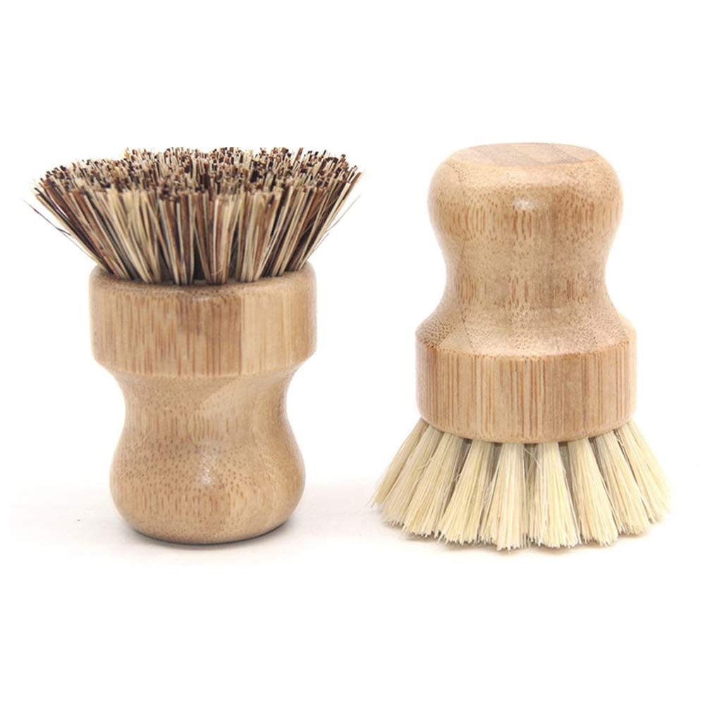 Bamboo Dish Scrub Brush, Kitchen Wooden Cleaning Scrubbers Mini Palm Scrub Brush Kit for Washing Dishes, Cast Iron Skillet, Pots, Pans, Vegetables, Set of 2