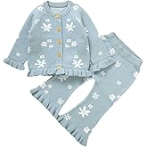 Yccutest Infant Girl Sweater Set 2 Piece Fall Winter Outfit Baby Girl Floral Knit Cardigan Top Flared Pants Toddler Clothes