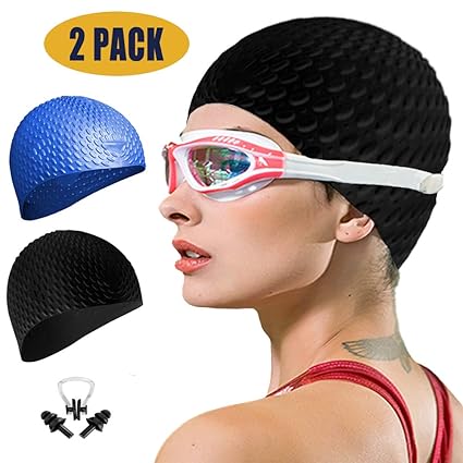 Swim Cap Women 2 Pack Swimming Cap For Long Hair For Women Men Kids With Nose Clip And Ear Plugs