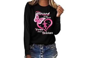 Ceboyel Breast Cancer Survivor Shirts for Women Long Sleeve Tops Tees Butterfly Ribbon Tshirt Funny Clothing Items 2023