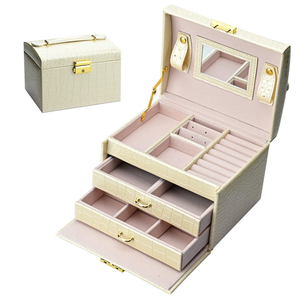 Podazz Jewelry Box for Women, 3 Layers PU Leather Jewellry Organizer with Mirror and Lock, Drawer type, for Storing Rings, Bracelets, Earrings, Necklaces, Valentine's Day Gift Box - Apricot