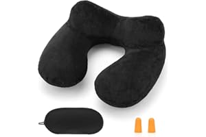 HITSZS Inflatable Travel Pillow for Airplane Inflatable Neck Pillow for Traveling with Soft Velvet Washable Cover for Sleeping, Airplane,Train, Car, Office, Contoured Eye Masks, Earplugs