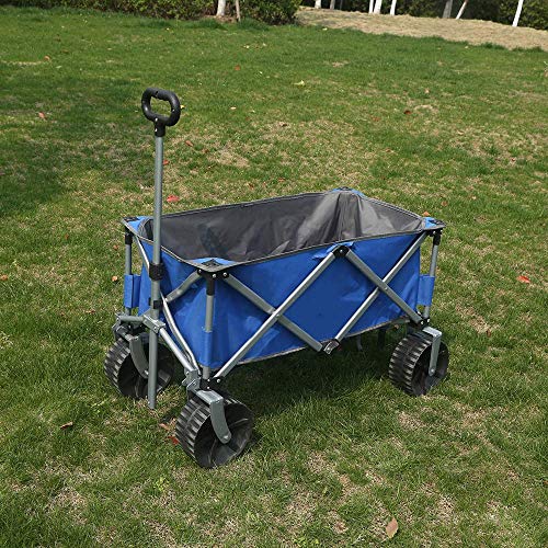 Eurmax Sports Collapsible Sturdy Steel Frame Garden Carts on Wheels Utility Beach Wagon Cart with Big Wheelsï¼ŒBonus 8x8Ft Picnics Mat (Blue & Gray)