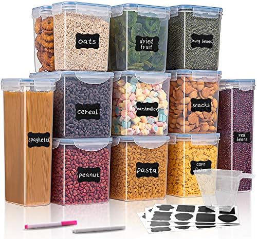 Wuhume 密閉食品保存容器 大型 シリアルドライ食品保存容器 12個セット 青い蓋 漏れ防止 Bpaフリー 計量カップ1個 黒板ラベル24個 液体マーカー2個付き