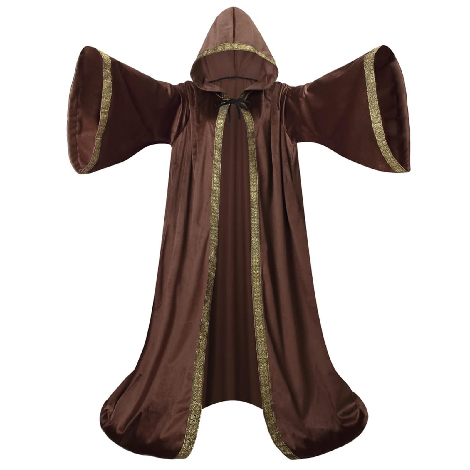 Mystic Adult Wizard Robe with Dutch Velvet，Medieval Knight Hooded Cloak, Flare Sleeve Style Wizard Outfit of the Renaissance Period for Halloween, Masquerade and St. Patrick's Day(Brown-150cm) — image 1