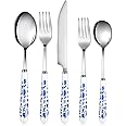RimCereal 5 Pcs Chinoiserie Silverware Set Blue and White Porcelain Silverware Stainless Steel Utensils Set with Ceramic Handle Includes Knives Forks Spoon High Tea Gift for Wedding Bridal Shower