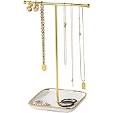 Leijosya modern T-shaped jewelry rack, jewelry tower, gold metal, square ceramic base decoration display tower, necklace, bracelet, ring storage rack (1-layer ceramic disc)