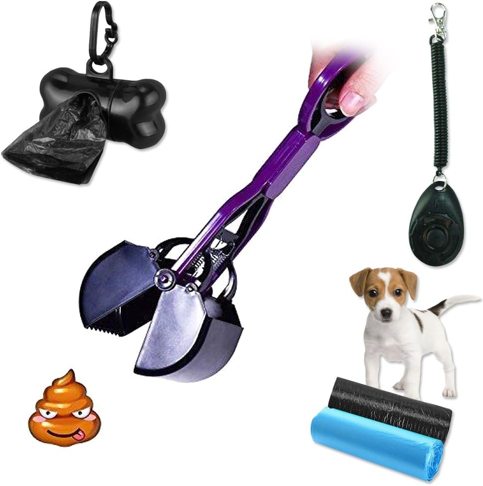 MG MULGORE Dog Pooper Scoopers Pet Scooper Easy Clean Pickup Waste 28cm Small Size Grabber Picker with Dog Clicker Poop Bag Holder and 30 Waste Bags for Small Dog(purple)