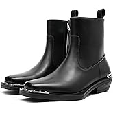 ENOEGMSD Men's Leather Chunky Heel Chelsea Boots Fashion Metal Decoration Square Toe Side Zip Dress Boots Comfortable Business Casual Ankle Boots
