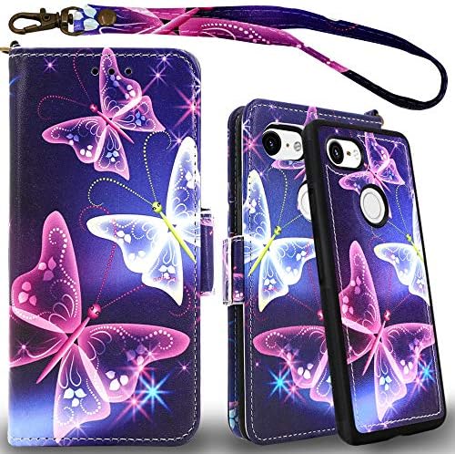 Mefon Google Pixel 3 XL Case Wallet Leather Detachable, with Tempered Glass and Wrist Strap, Enhanced Magnetic Closure, Card Slot, Kickstand, Durable Flip Folio Cases for Pixel 3 XL (Butterfly 2)