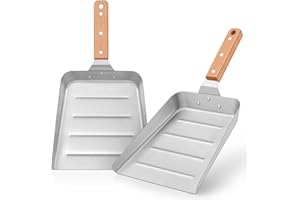 Griddle Scoop (2 Pcs), Joyfair Large Metal Spatula Burger Turner for Flat Top BBQ Grill, Heavy Duty Stainless Steel Food Shovel Grilling Accessories with Corrugated Surface for Outdoor (Wooden Handle)
