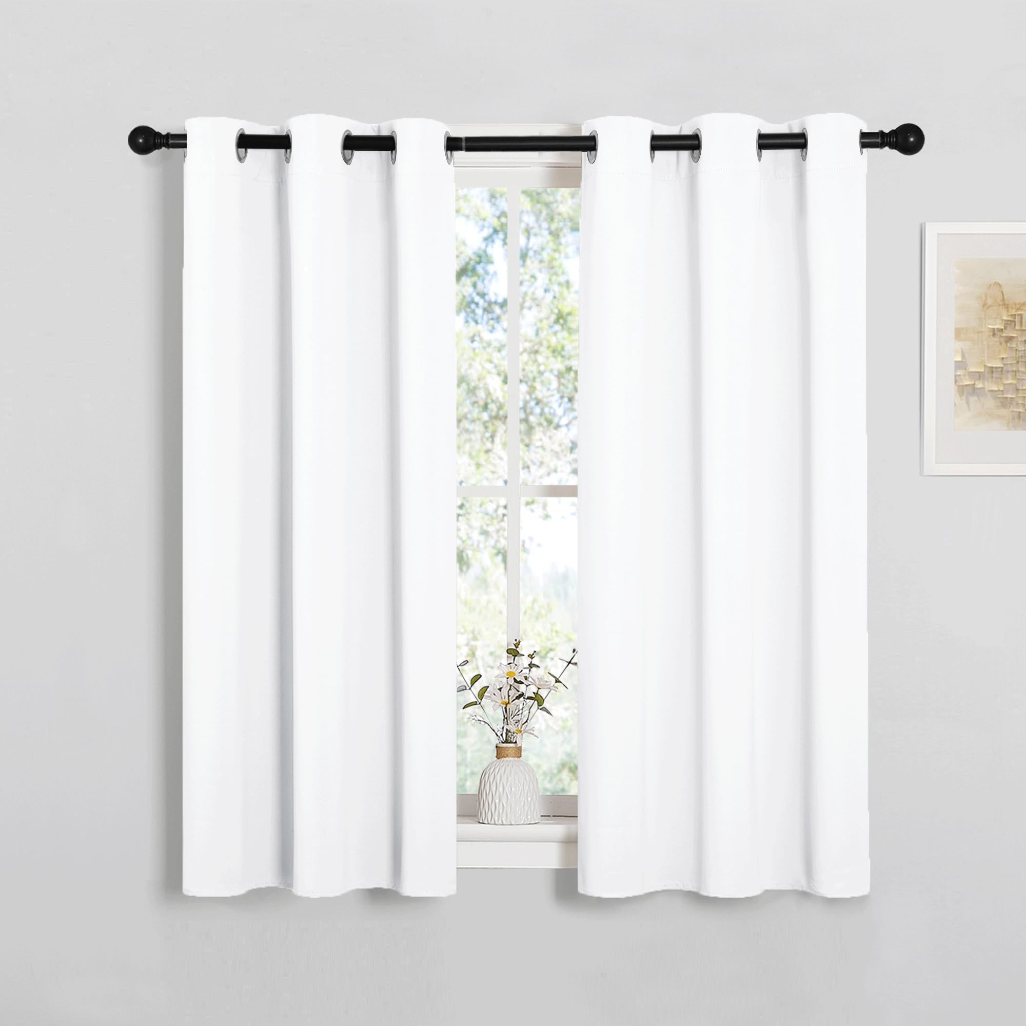 PONY DANCE Thermal White Eyelet Short Curtains for Small Windows Light Filtering Noise Reducing Energy Saving Curtains for Kids Bedroom Kitchen, W 34" x L 45", 2 Panels, Pure White — image 1