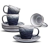 BOILMERIT 3 oz Espresso Cups Set of 4, Mini Italian Double Espresso Coffee Cup, Vintage Small Ceramic Demitasse Cups with Saucer for Lungo Coffee, Blue