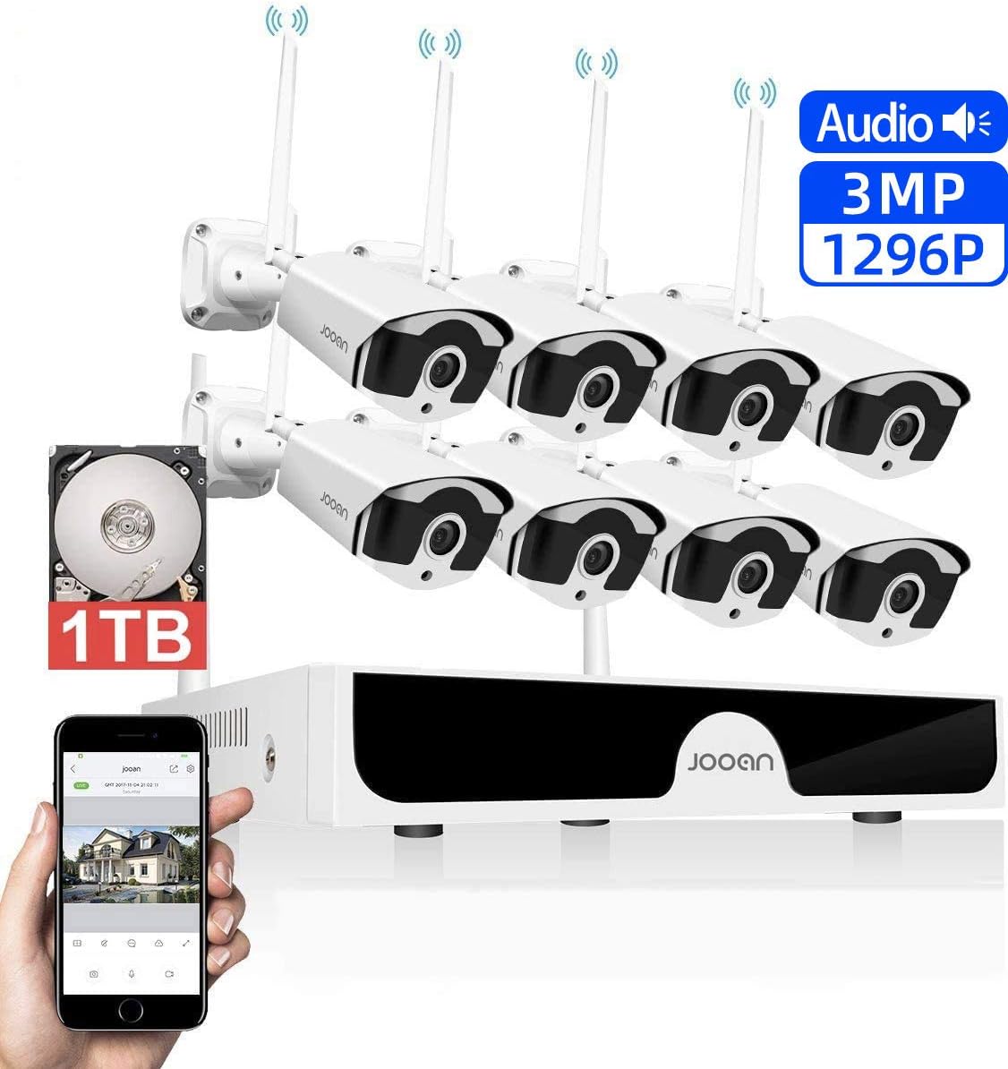 JOOAN 3MP Security Camera System Wireless,8-Channel NVR&8Pcs 1296P FHD (Clearer Than 1080P) Audio Record CCTV Cameras,Waterproof&Good Night Vision,Motion Alert(with 1TB Hard Drive)
