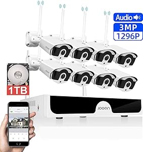 JOOAN 3MP Security Camera System Wireless,8-Channel NVR&8Pcs 1296P FHD (Clearer Than 1080P) Audio Record CCTV Cameras,Waterproof&Good Night Vision,Motion Alert(with 1TB Hard Drive)